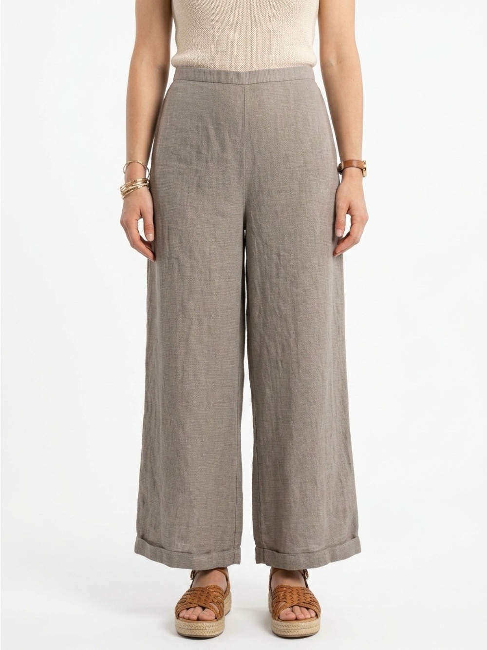 Bryn Walker Wide Leg Pull On Pants 100% Linen Taupe Heather S